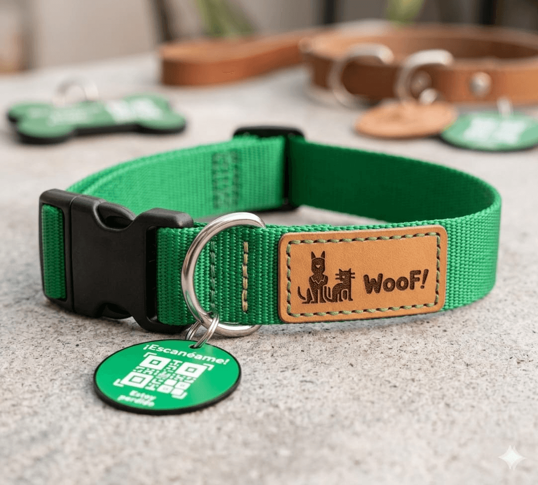 Chapita QR de WooF! colgada del collar de una mascota